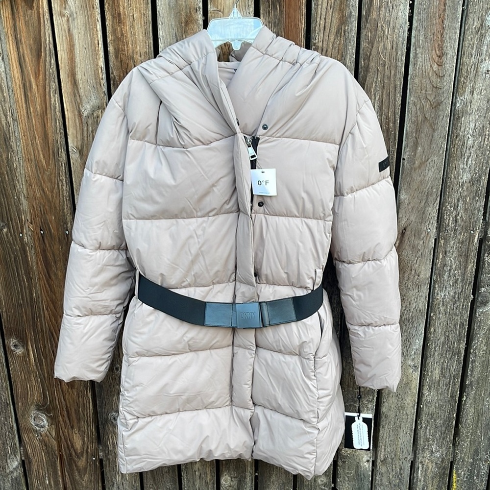 DKNY Tan Puffer Coat Nwt Tan Hood Belted Long Jacket Faux Down Water Resistant